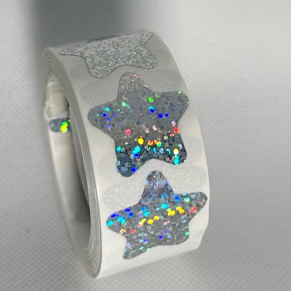 Holographic Silvery Star Stickers Self Adhesive Metallic Glitter Foil 1" - Picture 6 of 10